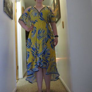 High-Low Yellow Palm Print Dress